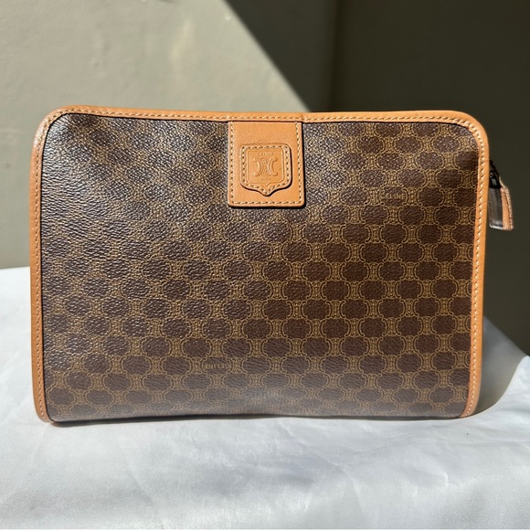 CÉLINE Vintage Macadam Monogram Brown Medium Canvas Pouch Clutch Bag w/COA - Picture 1 of 15